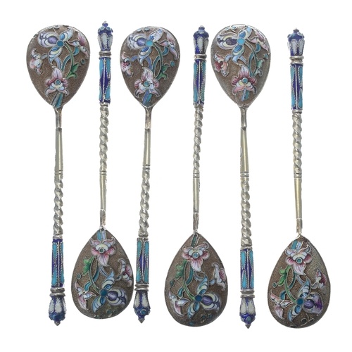 Set of six Russian silver-gilt and cloisonné coffee spoons, ...