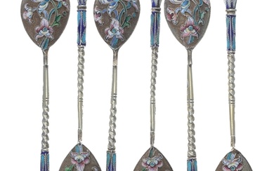 Set of six Russian silver-gilt and cloisonné coffee spoons, ...