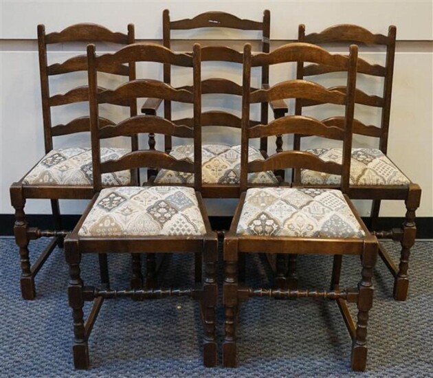 Set with Five Jacobean Style Oak Dining Chairs and Refectory Top Table