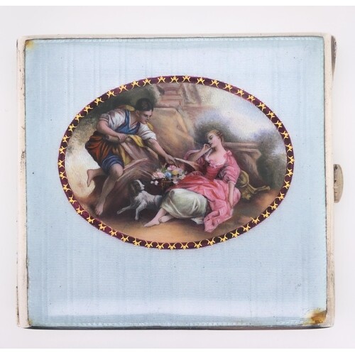 Silver and enamel cigarette case showing a flower seller and...