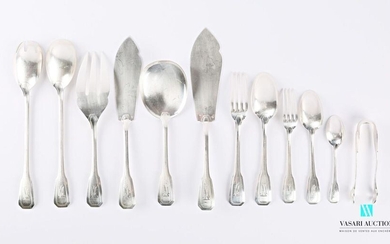 Silverware set, the handle with cut sides adorned with fillets and has a monogram comprising seventeen place settings and one table spoon, eighteen entremet place settings, eighteen teaspoons, fourteen fish place settings and four fish knives, one...