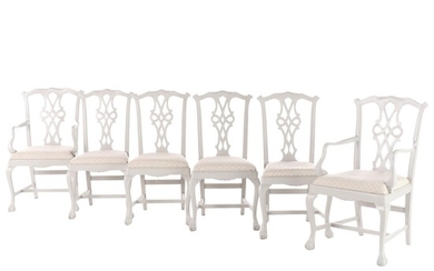 Six Chippendale Style Gray-Painted Dining Chairs, 20th Century
