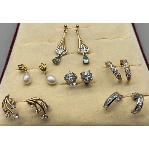 Six pairs of various 9ct yellow and white gold earrings; mos...