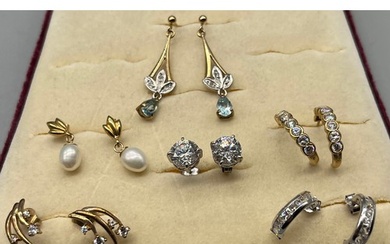 Six pairs of various 9ct yellow and white gold earrings; mos...