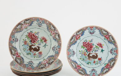Six porcelain Famille Rose plates, China, Qing dynasty, 18th century.
