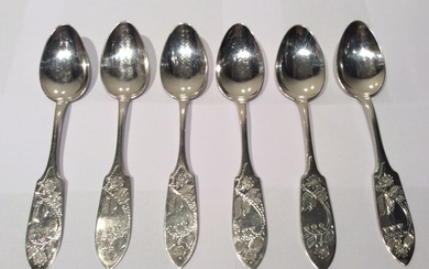 Spoon, Silver Large Spoons Twin Flowers Sweden (6) - .830 silver - Carl Oskar Persson - Sweden - Second half 20th century