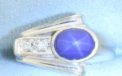 Star Sapphire and Diamond Retro Era Ring in 14k White Gold