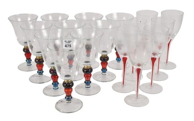 Stemware Lot, 10 Tall Stemmed Colorful Goblets and 7 Stemmed Wines with Solid Red Interior