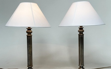 TABLE LAMPS, a pair, silvered metal each with reeded column,...