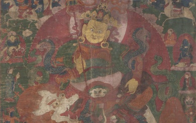 TIBET - Tangka représentant Vaisravana entouré des huit seigneurs des chevaux Ashvapati, XVIIIe-XIXe