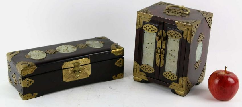 TWO CHINESE ANTIQUE JADE MOUNTED DRESSER BOXES