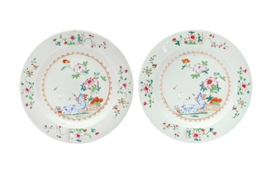 TWO CHINESE EXPORT FAMILLE-ROSE 'CRANES AND BLOSSOMS' DISHES 清十八世紀 外銷粉彩牡丹鶴紋盤兩件