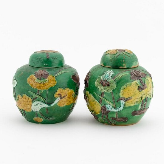 TWO CHINESE GREEN GLAZED LIDDED GINGER JARS