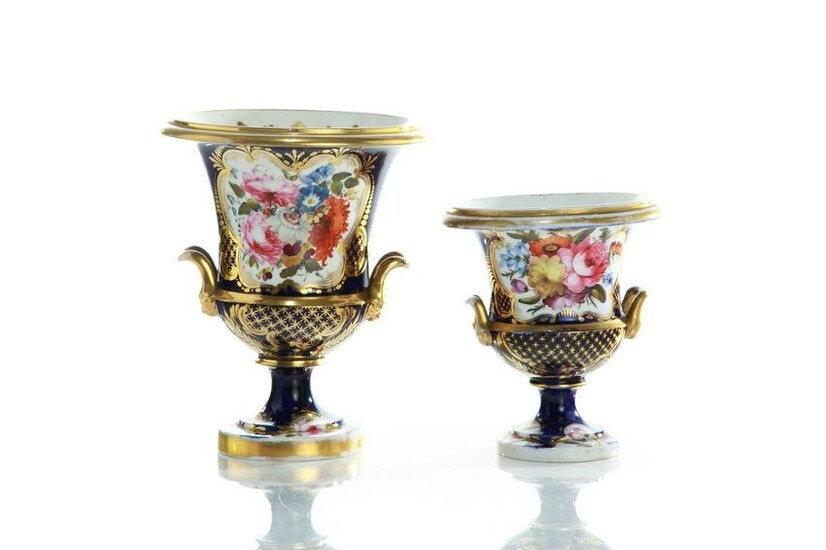 TWO ENGLISH HAND PAINTED PORCELAIN CAMPAGNA URNS