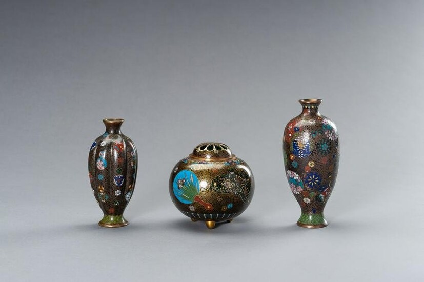 TWO GINBARI CLOISONNE VASES AND A CLOISONNE KORO