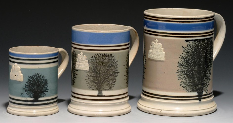 TWO T G GREEN MOCHA WARE MUGS AND ANOTHER, C1870-80 quart,...