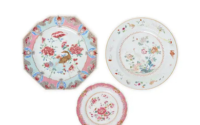 Three Chinese famille rose export plates Qing dynasty, 18th century Respectively decorated...