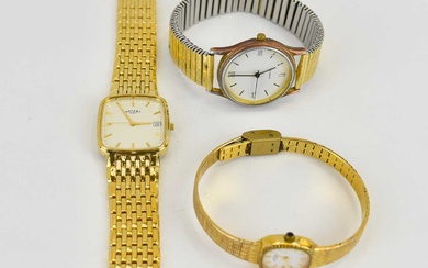 Three gold-plated wristwatches comprising a gentlemen's Rotary watch, white dial...