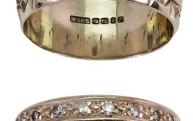Three rings: comprising an 18-carat gold band ring with flower head decoration, British hallmarks for 18-carat gold London 1972, ring size R; an engraved band ring, ring size Q 1/2; and a single-cut diamond half eternity ring, British hallmarks for...
