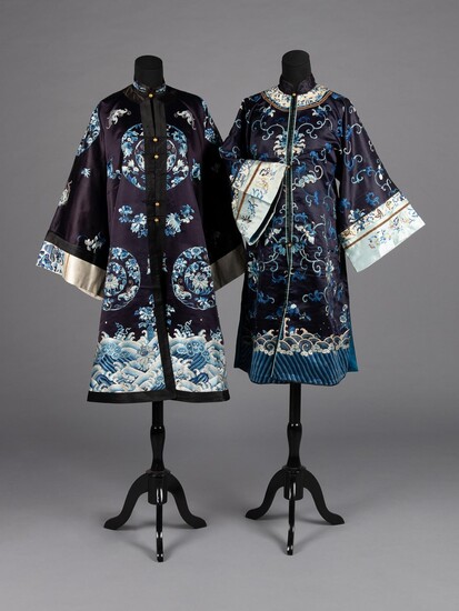 Two Black Ground Embroidered Silk Lady's Robes