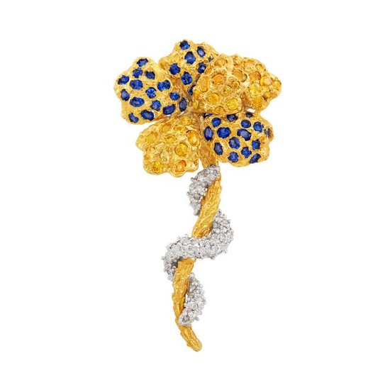 Two-Color Gold, Sapphire, Yellow Sapphire and Diamond Flower Brooch