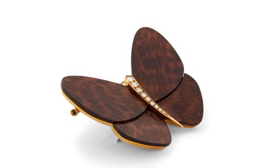 VAN CLEEF & ARPELS 18K Gold, Wood, and Diamond Butterfly Brooch