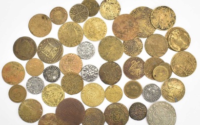 Various tokens and coins many guinea style brass gaming tokens,...