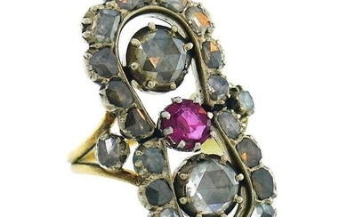 Victorian French Diamond Ruby 18k Gold Silver Ring