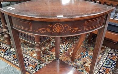 Victorian Inlaid Rosewood Corner Table, with floral frieze, tapering legs & shaped lower tier