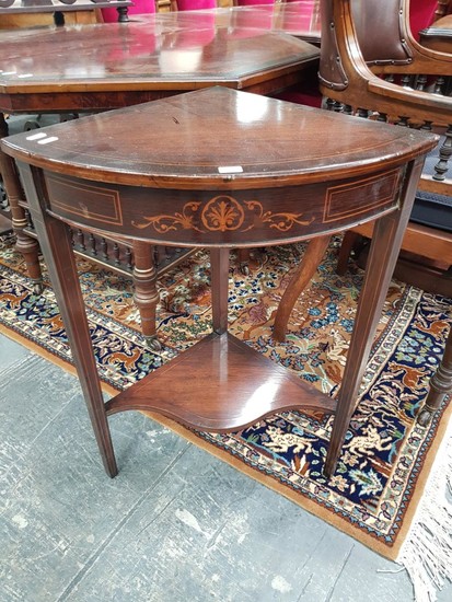 Victorian Inlaid Rosewood Corner Table, with floral frieze, tapering legs & shaped lower tier