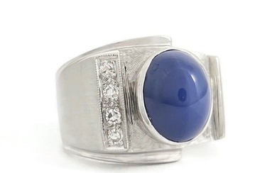 Vintage 1940's Lab-Created Star Sapphire Diamond Ring 14K White Gold, 10.15 Gram