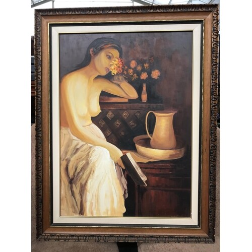Vintage Large Oil on Board Painting of 'Thoughtful Lady' in ...