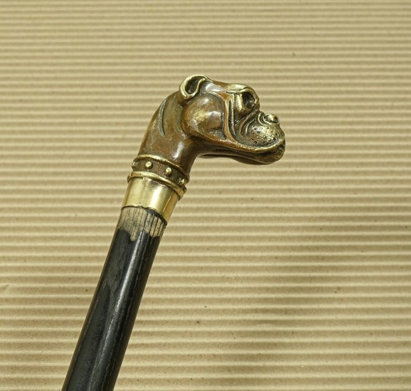 Vintage Walking Stick Dog - Brass, Wood - 19th century