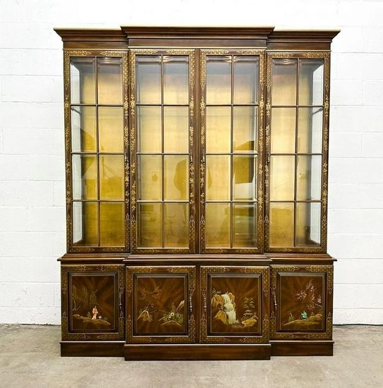 Vintage Walnut Chinoiserie Painted Breakfront China Cabinet