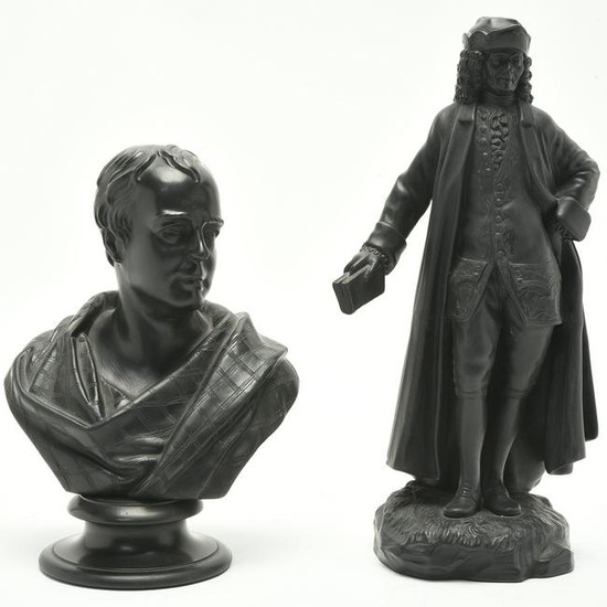 Wedgwood Pottery Black Basalt Figure of Voltaire and a