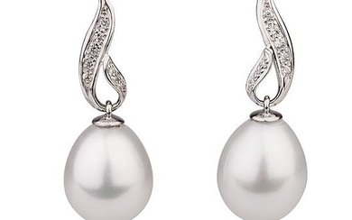 White Gold Pearl Diamond Earrings - 14 kt. Freshwater pearls, 9 mm - Earrings Pearl - Diamonds