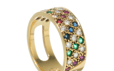 Wide ring with diamonds, sapphires, rubies and emeralds