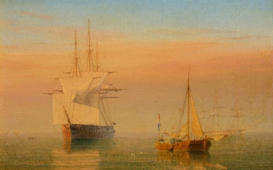 William Frederick Settle, British 1821-1897- Royal Navy frigate and other shipping in a calm at sunset; oil on panel, signed with monogram 'WFS' (lower left) and dated '1878' (lower right), 10.1 x 13.9 cm. Provenance: Anon. sale, Bonhams, London...