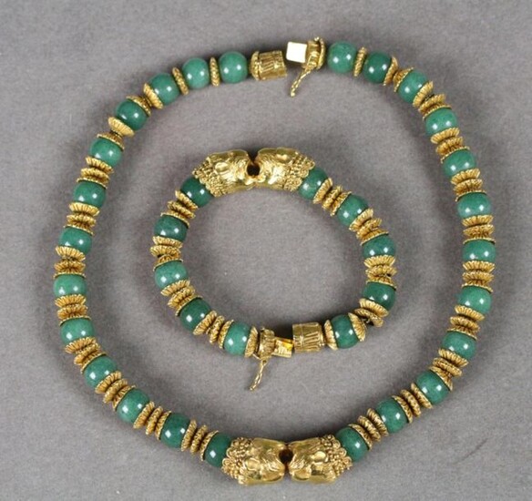 ZOLOTAS - Set consisting of a necklace and a bracelet decorated with a two lions heads motif in the centre. The neckband and wristband are made up of aventurine balls, rings and yellow gold cups decorated with filigree gadroons.