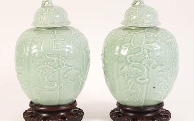 iGavel Auctions: Pair of Chinese Molded Porcelain Celadon Glazed Gourd Form Jar and Covers, early 20th Century ASW1C