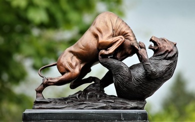 impressive bronze fighting scene between a bull and a bear - bronze marble