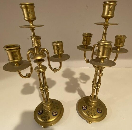 pair of bronze Gilded Candelabras W/Enamel