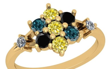 0.80 Ctw I2/I3 Multi Treated Fancy Blue,Black,Yellow And White Diamond 18K Yellow Gold Flower Ring