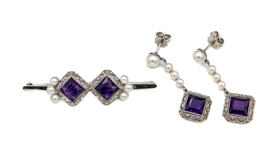 14 kt gold amethyst-diamond-pearl jewelry set , 1930s,...