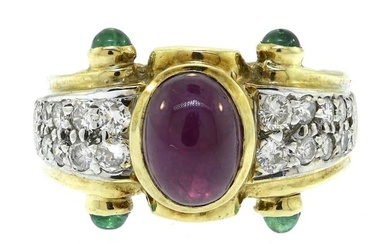 14K GOLD RUBY, EMERALD AND DIAMOND RING.