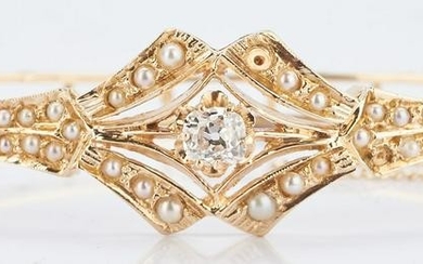 14K Victorian Diamond & Pearl Bangle Bracelet