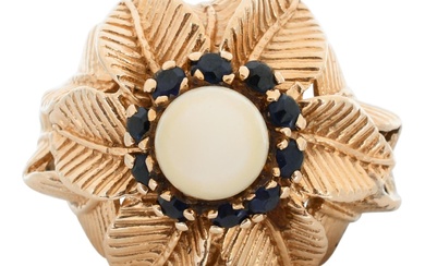 14K YELLOW GOLD PEARL AND SAPPHIRE FLOWER RING