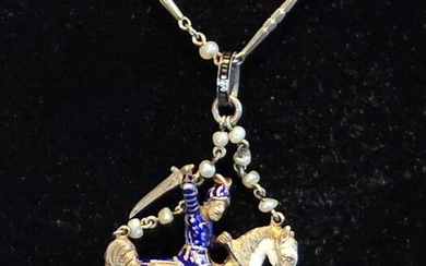 14k necklace with St George, Dragon theme, square diamond