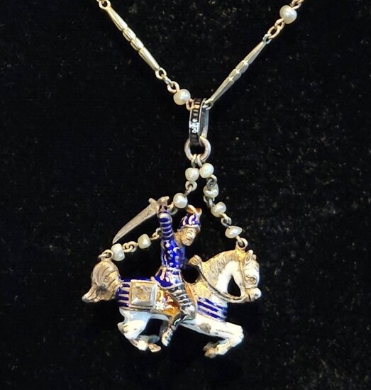 14k necklace with St George, Dragon theme, square diamond