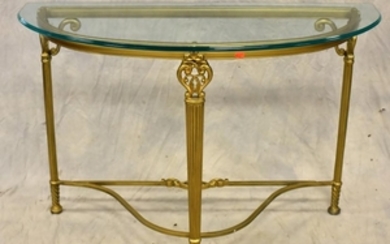 Regency style brass demilune glass top console table